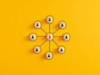 Company organizational chart of wooden cubes on yellow background.