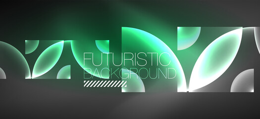 Shiny neon geometric abstract background. Glowing lights on round shapes, triangles and circles. Wallpaper for concept of AI technology, blockchain, communication, 5G, science, business