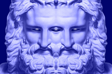 Poster with mask double male face of antique sculpture in surreal style. Modern creative concept image with twin head ancient statue. Zine culture. Contemporary art illustration. Funky punk design.