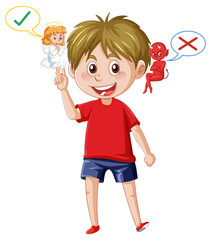 Cartoon character with devil and angel fighting in thought