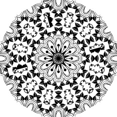 Mandala Illustration. Round Ornament Pattern.Circular symmetric mandala on white background. Illustration of pattern.Simple Mandala.Abstract simple mandala pattern.black and white background.