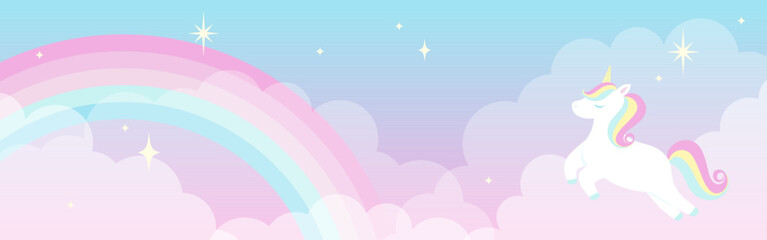 vector background with a rainbow unicorn in cloudy sky for banners, cards, flyers, social media wallpapers, etc. © mar_mite_