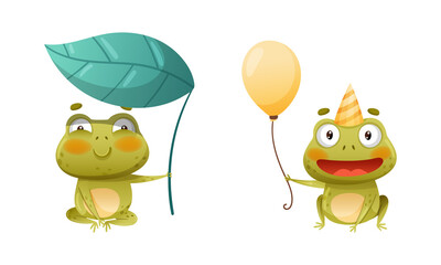 Funny cute frogs in various poses. Lovely amphibian animal character sitting under green leaf and celebrating birthday with inflatable balloon and party hat vector illustration