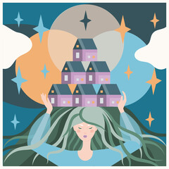 A dreamy girl with green hair holding a city on her head vector flat illustration.