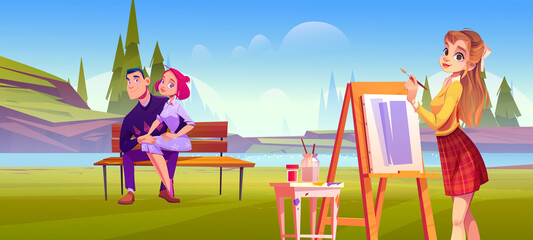 Fototapeta premium Young couple posing for artist girl painting family portrait on easel Girlfriend sit on Boyfriend knees on wooden bench at summer nature landscape, characters relations Cartoon vector illustration