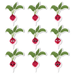 Set of stickers red radish with kawaii emotions. Flat vector illustration of a radish with emotions On a white background.