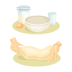Hands preparing dough for cookies, buns, pizza or bread set. Ingredients for dough cooking vector illustration