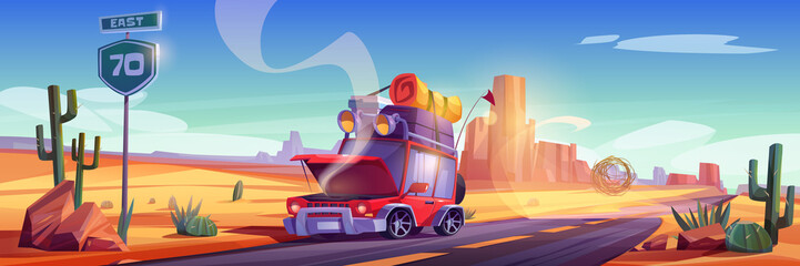 Broken car on road in desert landscape. Vector cartoon illustration of accident, breakdown in trip. Desert with red mountains, highway and auto with luggage on roof and smoke from open hood - obrazy, fototapety, plakaty