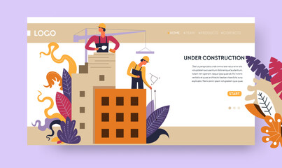 Building industry construction process online web page template vector concrete house