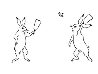 鳥獣戯画風　羽根つきで遊ぶウサギ