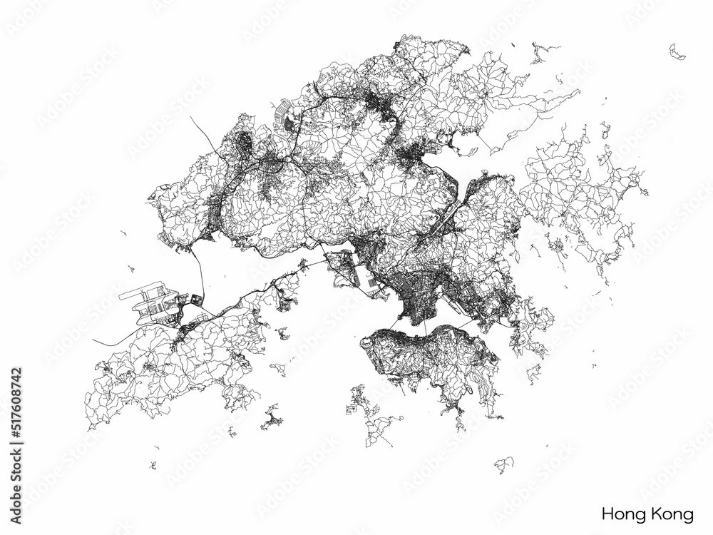 Poster hong kong city map with roads and streets. vector outline illustration.