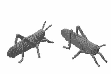 Grasshopper made from cubes. Voxel art. Futuristic concept. 3d Vector illustration. Isometric projection.