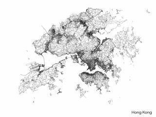 Hong Kong city map with roads and streets. Vector outline illustration. - obrazy, fototapety, plakaty
