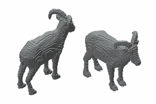 Barbary sheep made from cubes. Arrui. Voxel art. Futuristic concept. 3d Vector illustration. Isometric projection.