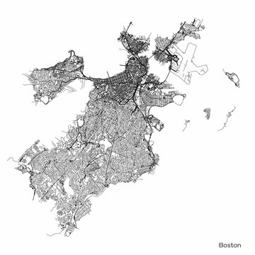 Boston City Map With Roads And Streets, United States. Black And White. Vector Outline Illustration.