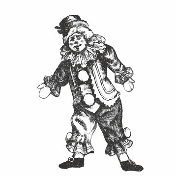 Retro clown doll. Doodle sketch. Vintage vector illustration.