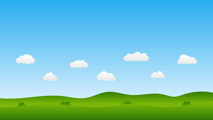 green field with white cloud in blue sky landscape background scene