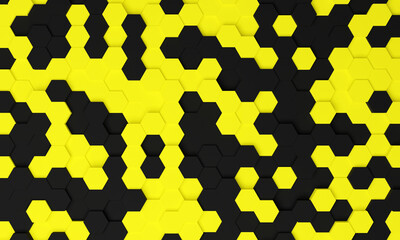 3D illustration. Abstract yellow black hexagonal background. 3D texture of honeycomb. hexagon pattern background
