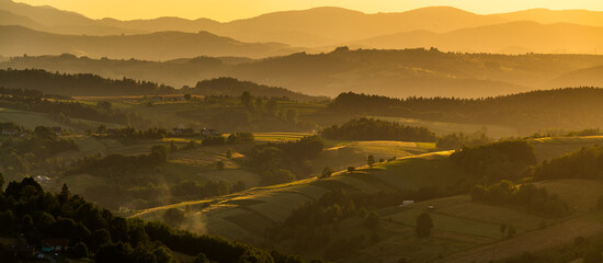 Landscape of the foothills near Nowy Sacz in Poland reminiscent of Italian Tuscany