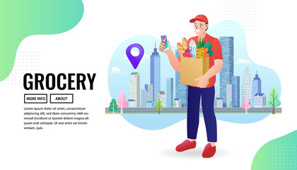 Delivery concept. Man Delivering Online with Grocery order from smart phone. Shopping on social networks through phone flat design style. Vector illustration.