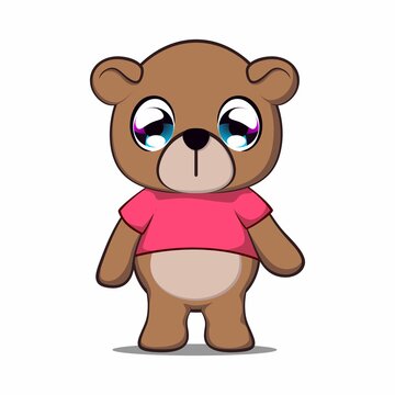 cute bear cartoon mascot vector illustration in pink t-shirt