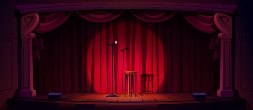 Comedy show stage with microphone and stool. Standup concert, open mike event for comedians on theater scene with red curtains, chair and spotlight, vector cartoon illustration