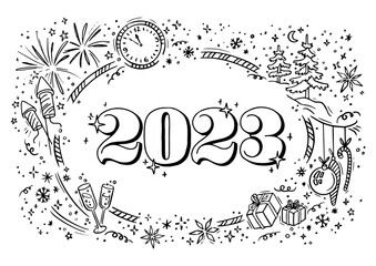 New year 2023 party doodle elements in white background. Horizontal chalkboard Vector illustration