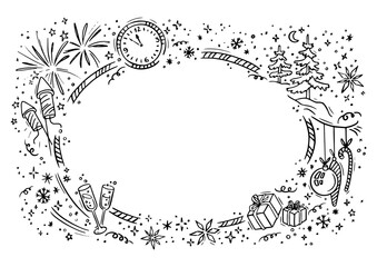New year party doodle frame in white background. Horizontal chalkboard Vector illustration