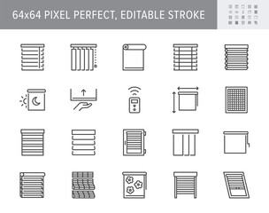 Window blinds line icons. Vector illustration include icon - mosquito net, roller, automatic motorized rolls, measuring, solar outline pictogram for jalousie. 64x64 Pixel Perfect, Editable Stroke