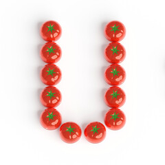 Capital letter U from pomodoro kitchen timer. Font from shiny red plastic tomato timers. White background. Bright font for menu or food blog. 3d illustration. Lettering design element. Initial cap