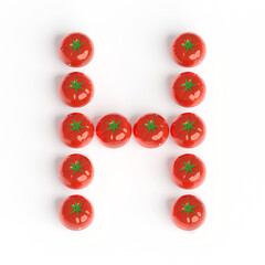 Capital letter H from pomodoro kitchen timer. Font from shiny red plastic tomato timers. White background. Bright font for menu or food blog. 3d illustration. Lettering design element. Initial cap