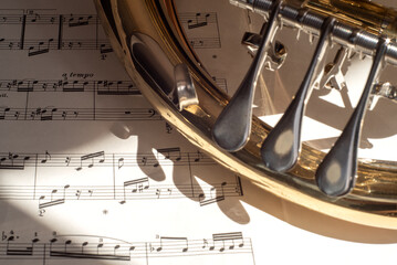 Music background: part of old golden french horn and musical notes