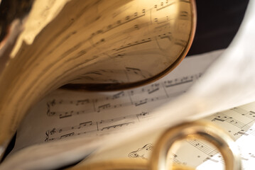 Music notes reflected in part of old golden french horn