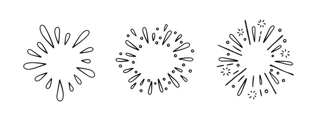 Obraz premium Hand drawn firework. Star burst. Sunburst doodle icon. Hand drawn explosion frame. Sparkles set with radial lines. Explosion vintage effects. Vector illustration isolated on white background.