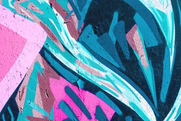 Nahaufnahme einer farbenfrohen, blaugrünen, rosa und violetten städtischen Wandstruktur. Modernes Muster für Tapetendesign. Kreativer moderner urbaner Stadthintergrund für Werbemodelle. Minimaler geometrischer Stil, Volltonfarben © Aleksandra Konoplya