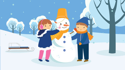 A boy and a girl made a snowman