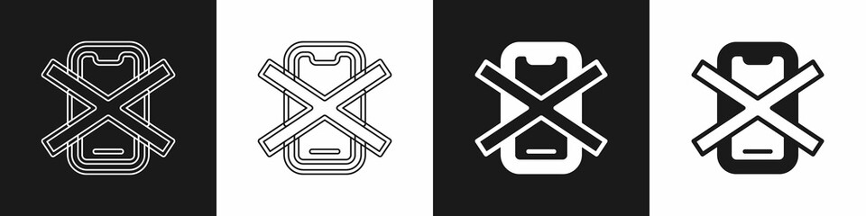Set No cell phone icon isolated on black and white background. No talking and calling sign. Cell prohibition. Vector