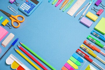 School objects, office supplies, tools and accessories isolated on blue background. Education...