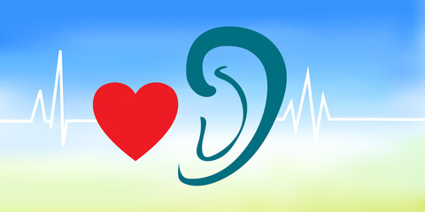 Ear logo health. Ear or hearing line art icon with a heart shape. Earn logo symbols and template for apps and websites. Hearing loss with Sound Wave