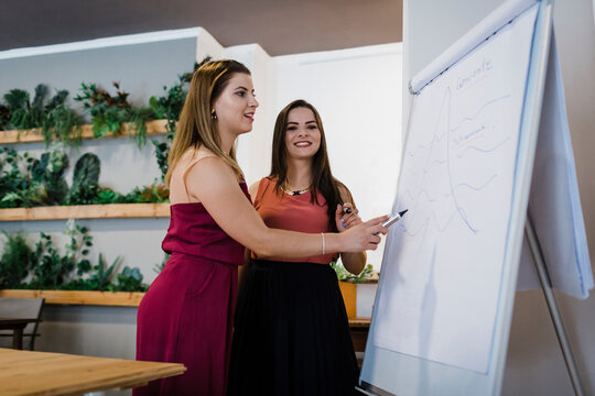 Businesswoman explaining strategy to colleague over flipchart in office