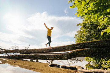 Man walking on fallen tree at lake