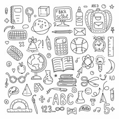 Naklejka premium School and education doodles hand drawn vector symbols and objects. Illustration in black and white for your design