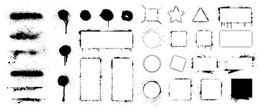 Spray grunge with frame border. Dirty artistic design elements, boxes, frames for text. Graffiti texture spray. Stencil border grunge. Circle, square, triangle, rectangle - Graffiti contour forms.