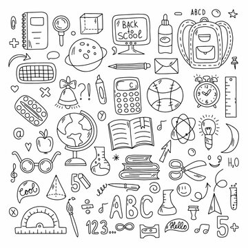 School and education doodles hand drawn vector symbols and objects. Illustration in black and white for your design