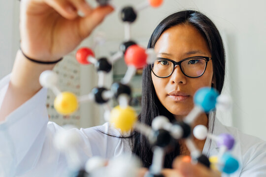 Scientist examining DNA model in laboratory