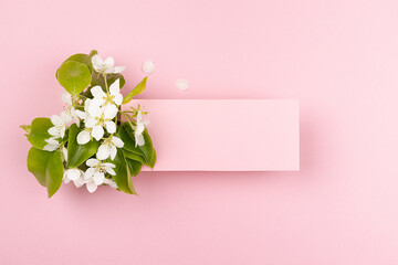Spring pink blank card for text mockup soar with gentle white apple tree flowers, green leaf, petals on pastel pink background. Floral background for advertising, branding identity, greeting card.