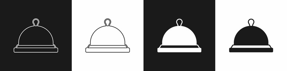 Set Covered with a tray of food icon isolated on black and white background. Tray and lid sign. Restaurant cloche with lid. Vector