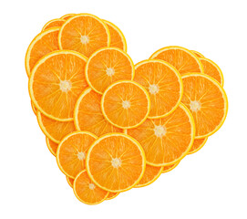 Lots of orange slices arranged in heart shape isolated on white background. Decorative element for...
