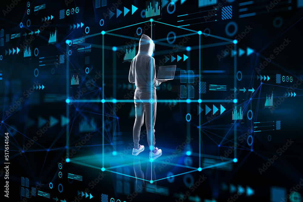Poster Hacker with laptop computer standing inside abstract cube hologram on blurry blue background. Metaverse, software, future and data center concept. Double exposure.