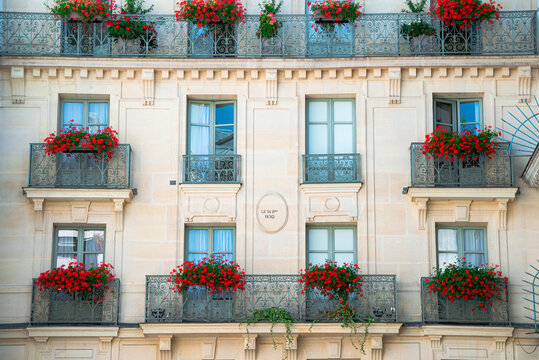 Building facade detail in Paris with flowers on the balconies